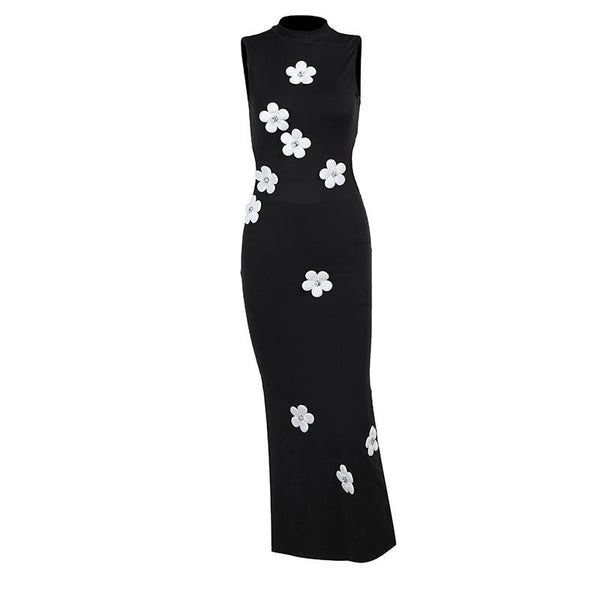 Sleeveless crewneck flower applique backless midi dress