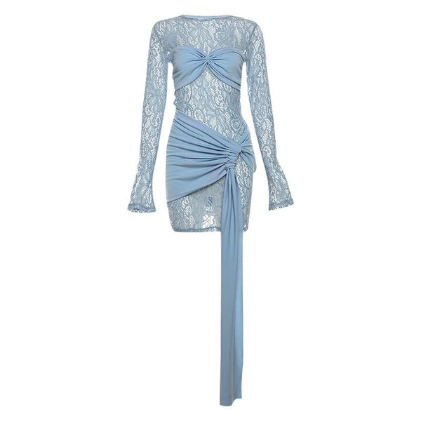 Long sleeve lace patchwork ruched mini dress