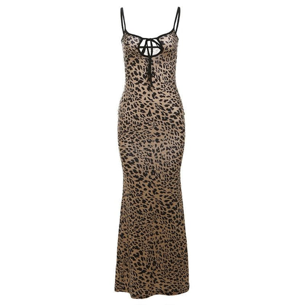 Leopard print hollow out backless cami cut out maxi dress