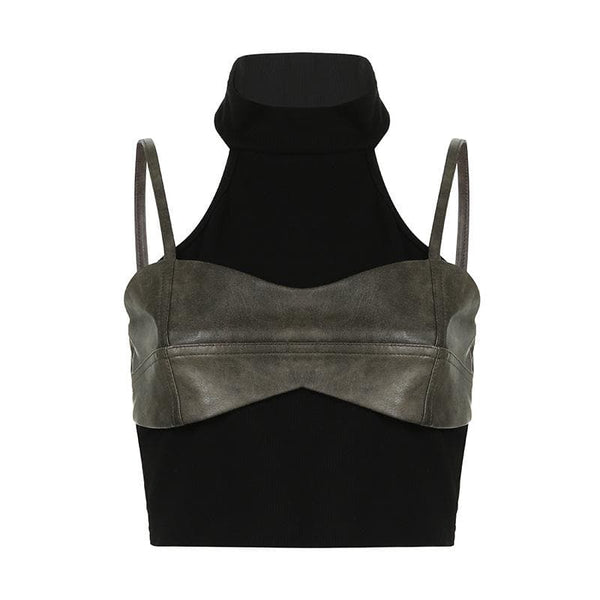 High neck off shoulder PU leather patchwork top