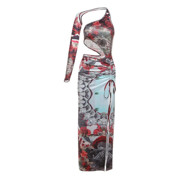Irregular print contrast drawstring ruched high slit hollow out maxi dress