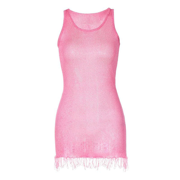 Sleeveless u neck tassels knitted mini dress