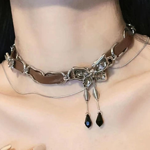 Butterfly pendant PU leather choker necklace