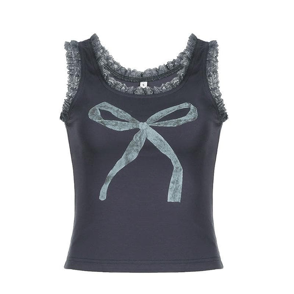 U neck lace hem bowknot pattern contrast tank top