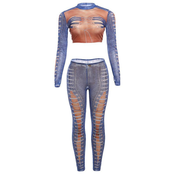 Long sleeve mesh denim print crop pant set