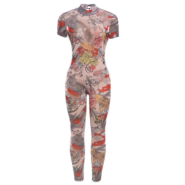 Short sleeve button print backless sheer mesh jumpsuit