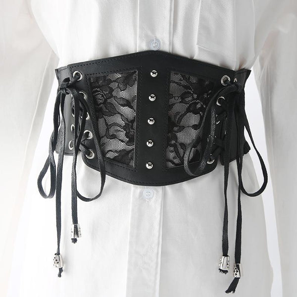 Lace up patchwork PU leather corset