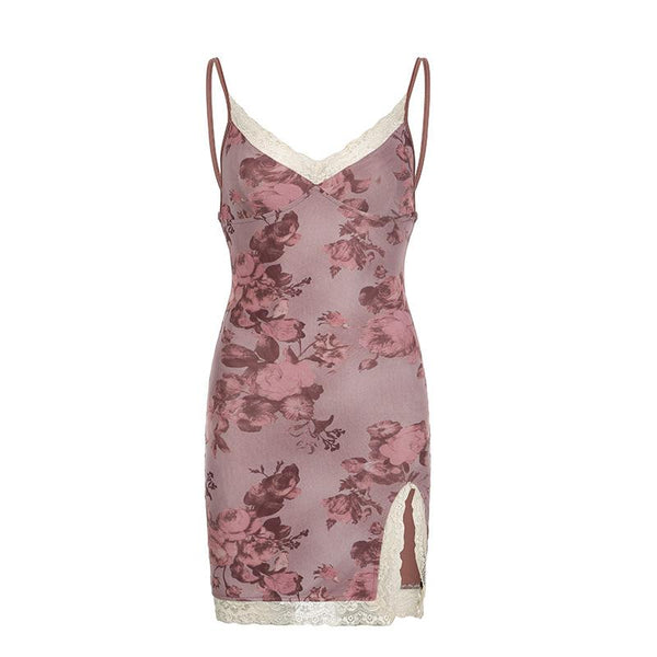 Lace hem slit v neck rose print cami mini dress