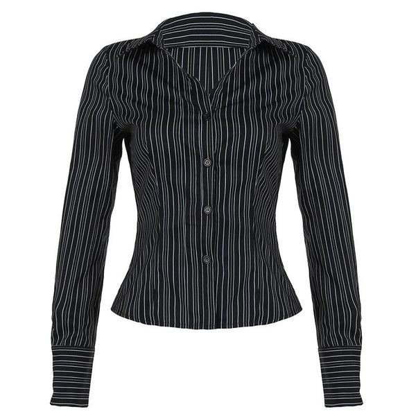 Turnover collar long sleeve striped button top