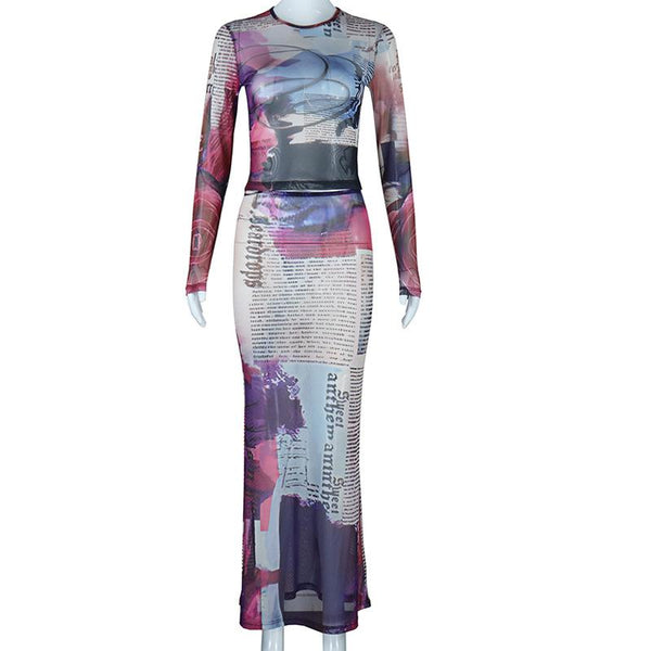 Long sleeve crewneck abstract mesh maxi skirt set