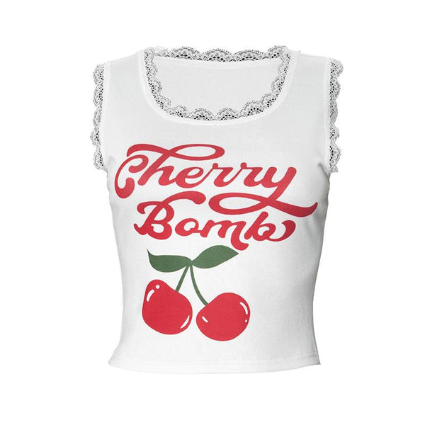 Lace hem fruit letter print u neck tank top