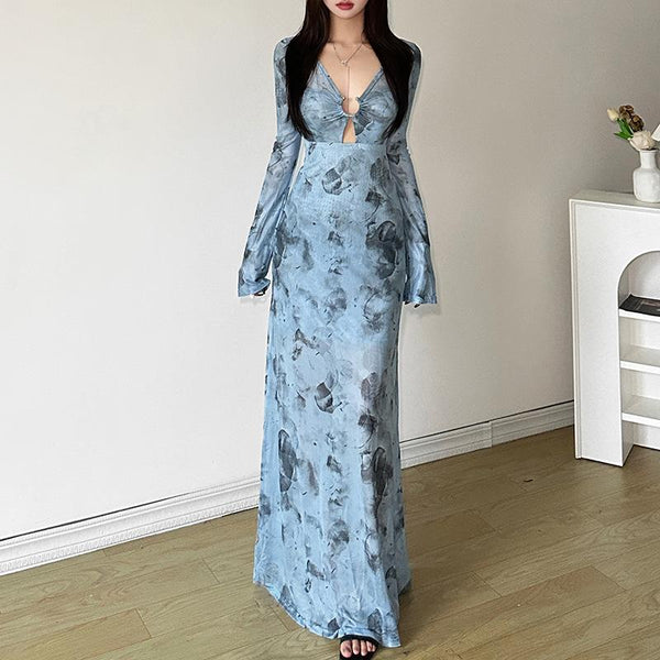 Long sleeve sheer mesh v neck print maxi dress