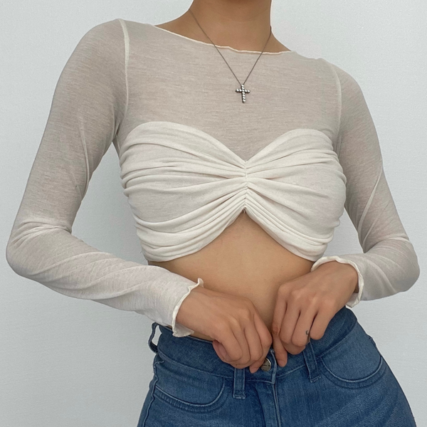 Long sleeve solid ruched crewneck ruffle crop top