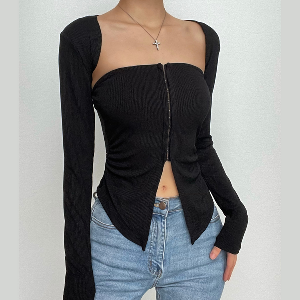 Ribbed button long sleeve solid 2 piece tube crop top