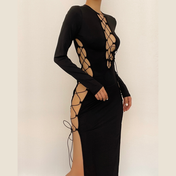 Long sleeve solid hollow out slit self tie lace up midi dress