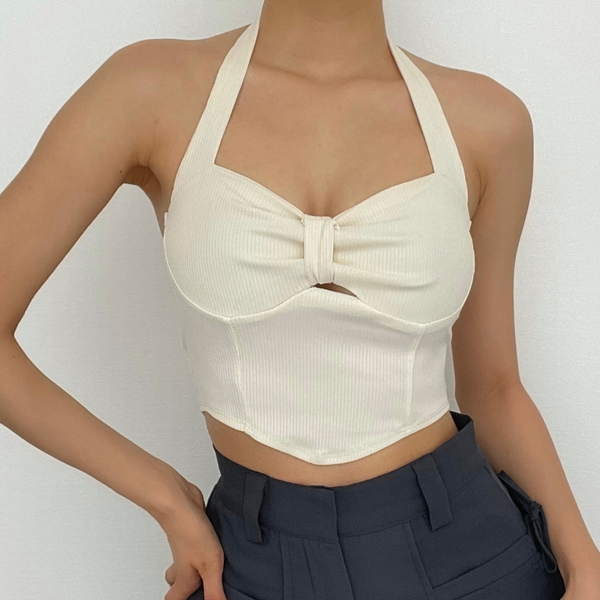Sleeveless halter solid ribbed bowknot backless ruched crop top