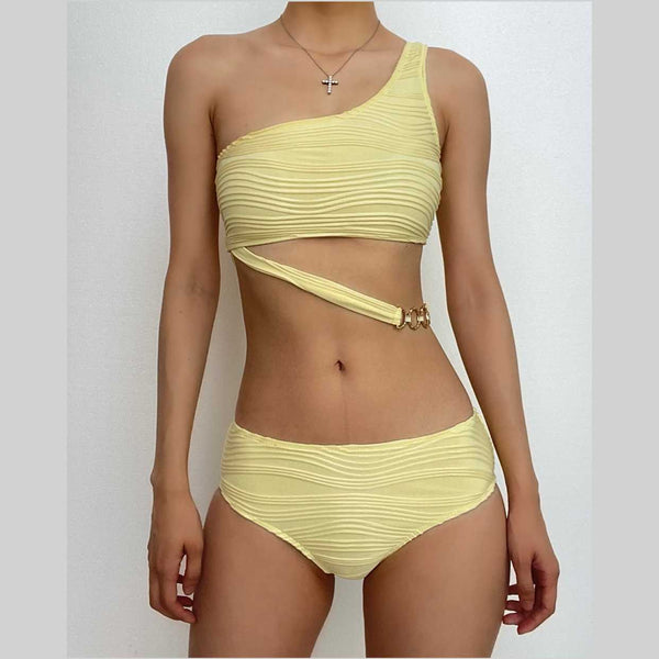 One shoulder solid irregular metal chain bikini swimwear