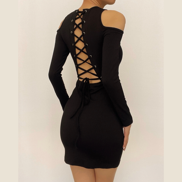 Long sleeve solid hollow out lace up self tie mini dress