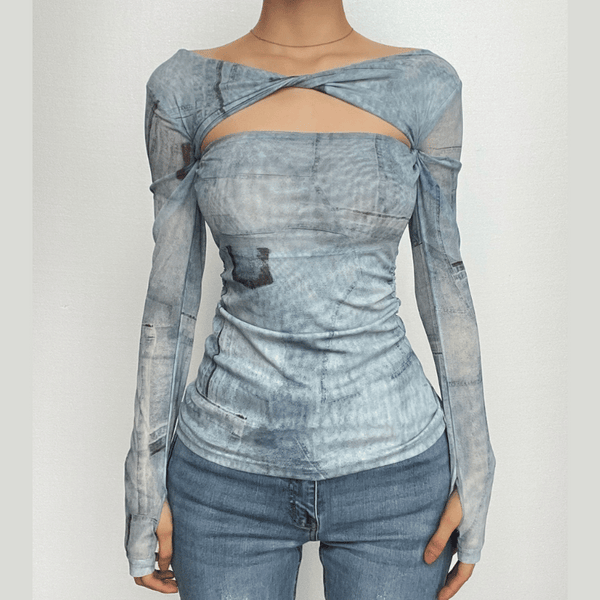 Mesh hollow out contrast knotted long sleeve cut out top