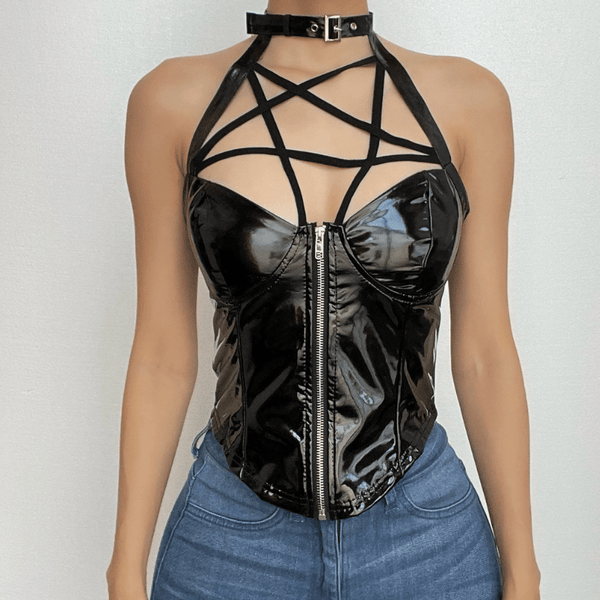 Halter PU leather zip-up backless corset buckle top