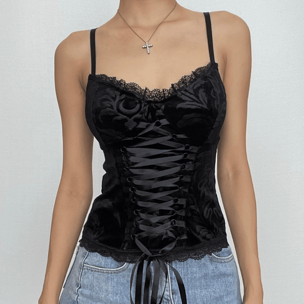 V neck hem lace velvet lace up cami top