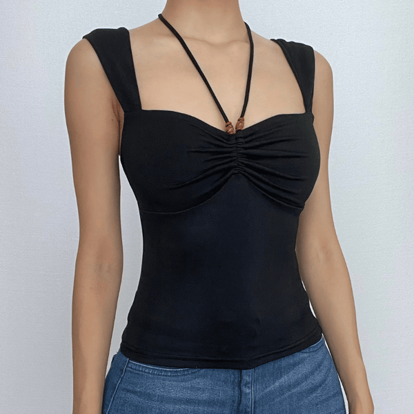 Halter sleeveless solid ruched beaded top