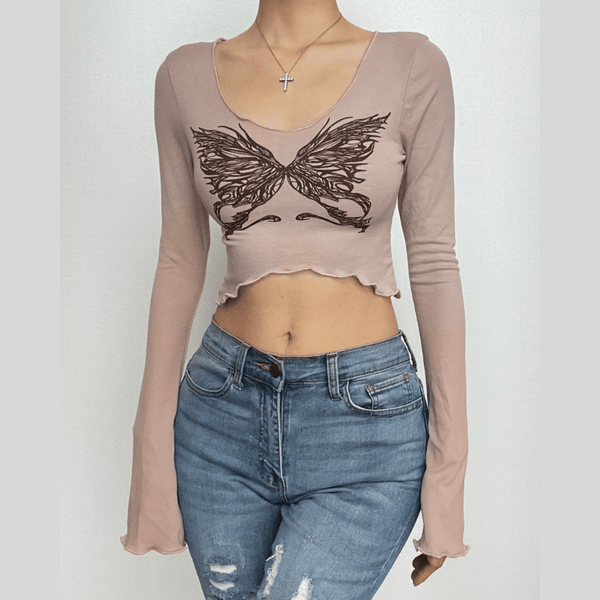Butterfly pattern ruffle long sleeve contrast crop top