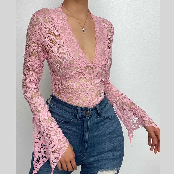 Flared sleeve v neck lace see through solid top