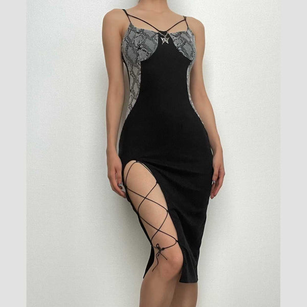 Snakeskin print patchwork lace up irregular slit midi dress