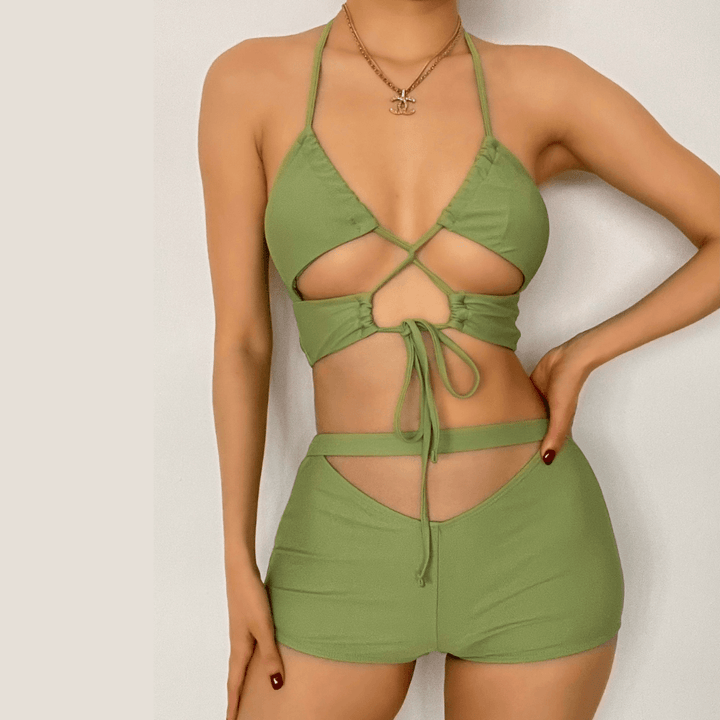 Hollow out cross tie high waisted 2 piece bikini set - Halibuy