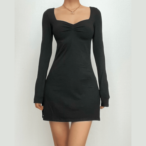 Square neck solid ruched long sleeve mini dress