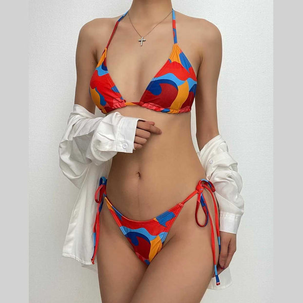 Traje de baño bikini sin espalda halter con lazo y estampado en contraste 