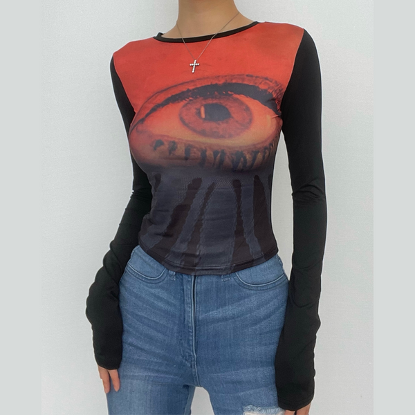 Long sleeve abstract contrast round neck crop top