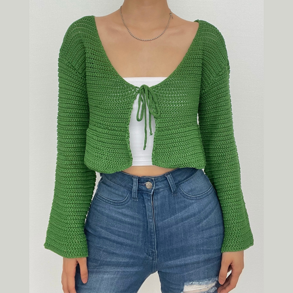 V neck self tie knit crochet long sleeve solid crop top