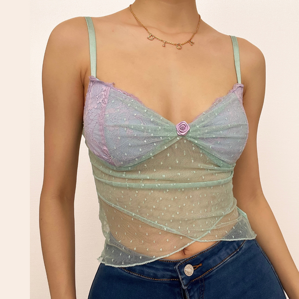 Hem lace mesh see through contrast cami top