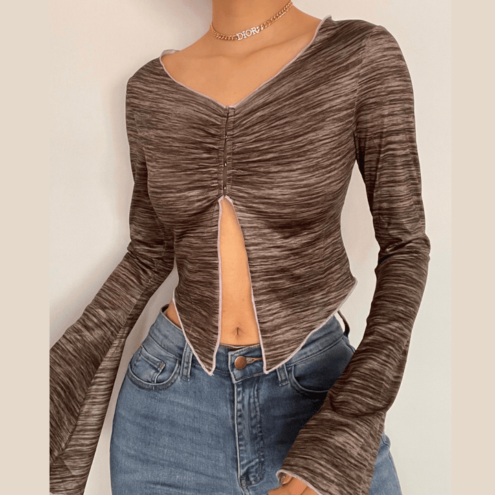 Long sleeve ruffled buttoned slit top - Halibuy