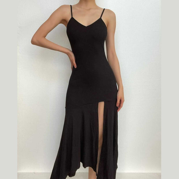 Slit v neck solid irregular ruched cami maxi dress