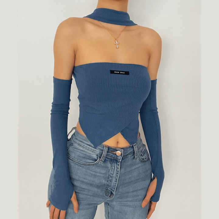 Ribbed halter gloves crop top - Halibuy