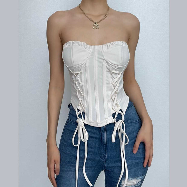 Ruffle solid lace up corset self tie backless tube top