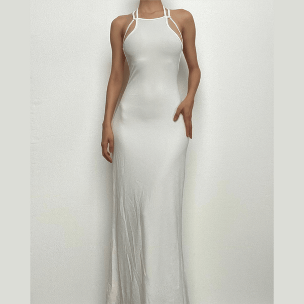 Halter solid sleeveless backless self tie maxi dress