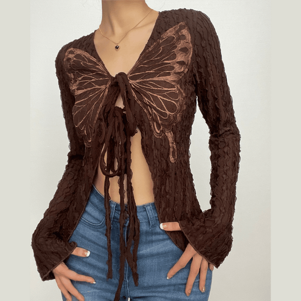 Textured butterfly pattern self tie long sleeve v neck crop top