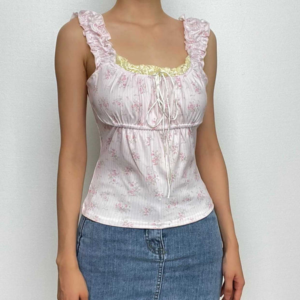 Flower print contrast sleeveless lace hem ruched top