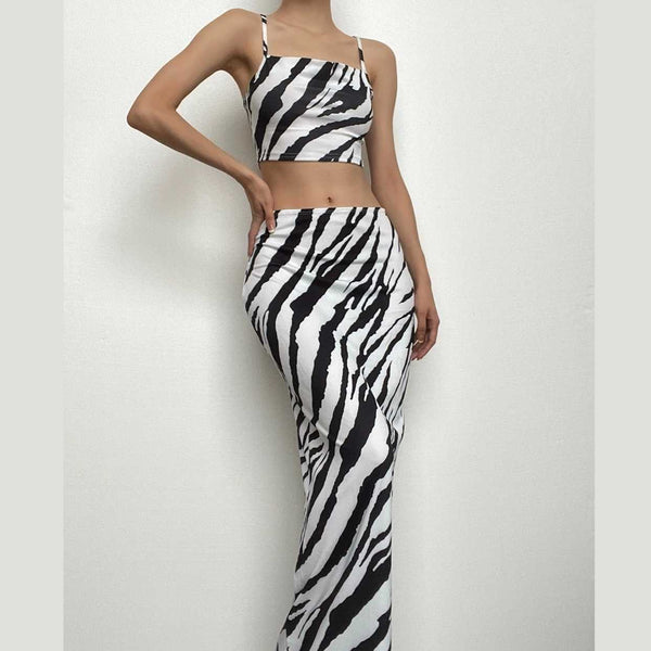 Ribbed contrast square neck backless cami maxi skirt set