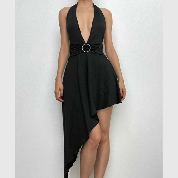 Vestido midi liso con espalda descubierta irregular y cuello en V con anilla en forma de halter