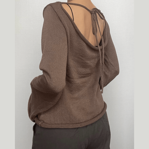 Knitted flared sleeve solid self tie backless top