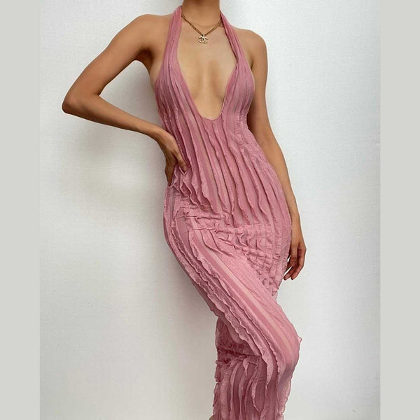 Textured ruffle solid halter self tie v neck backless maxi dress