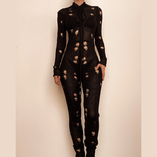 Crochet hollow out high neck lace up solid jumpsuit