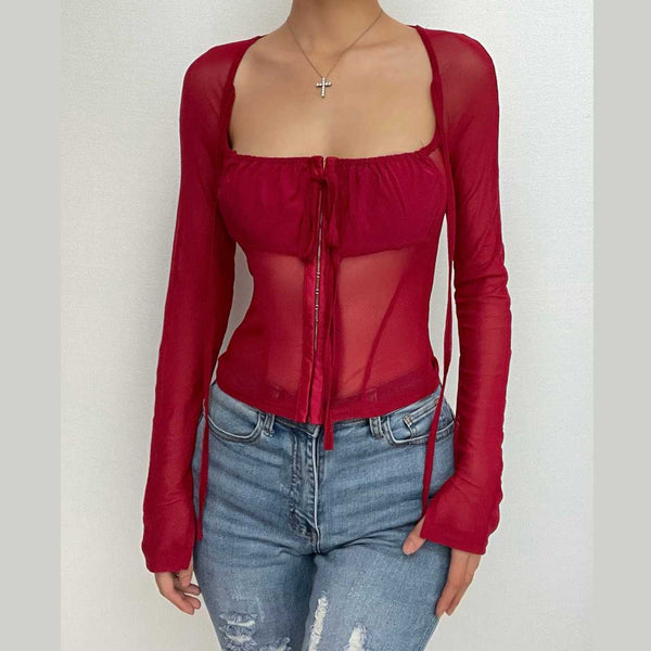 Solid long sleeve square neck mesh button drawstring crop top