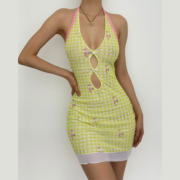 Sheer mesh plaid contrast print halter ruffle backless mini dress