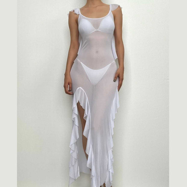 Sheer mesh see through backless ruffle slit cap sleeve maxi dress